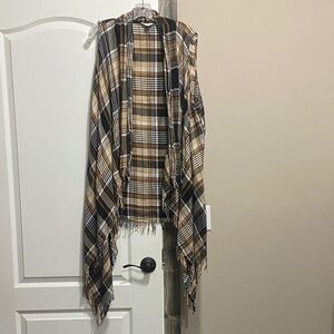 Plaid Fringe Vest in Black and Tan